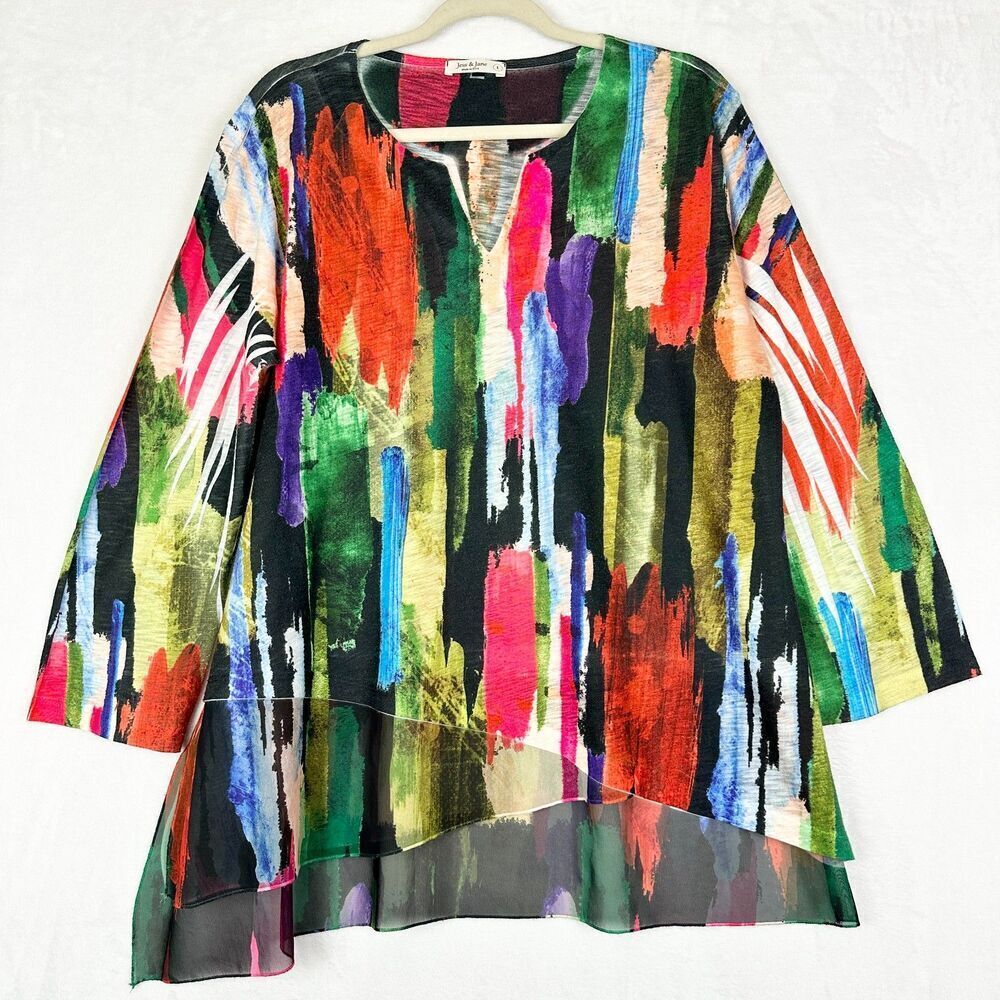 Jess Jane Slit V-Neck Chiffon Contrast Top Size Large Multi Color Abstract